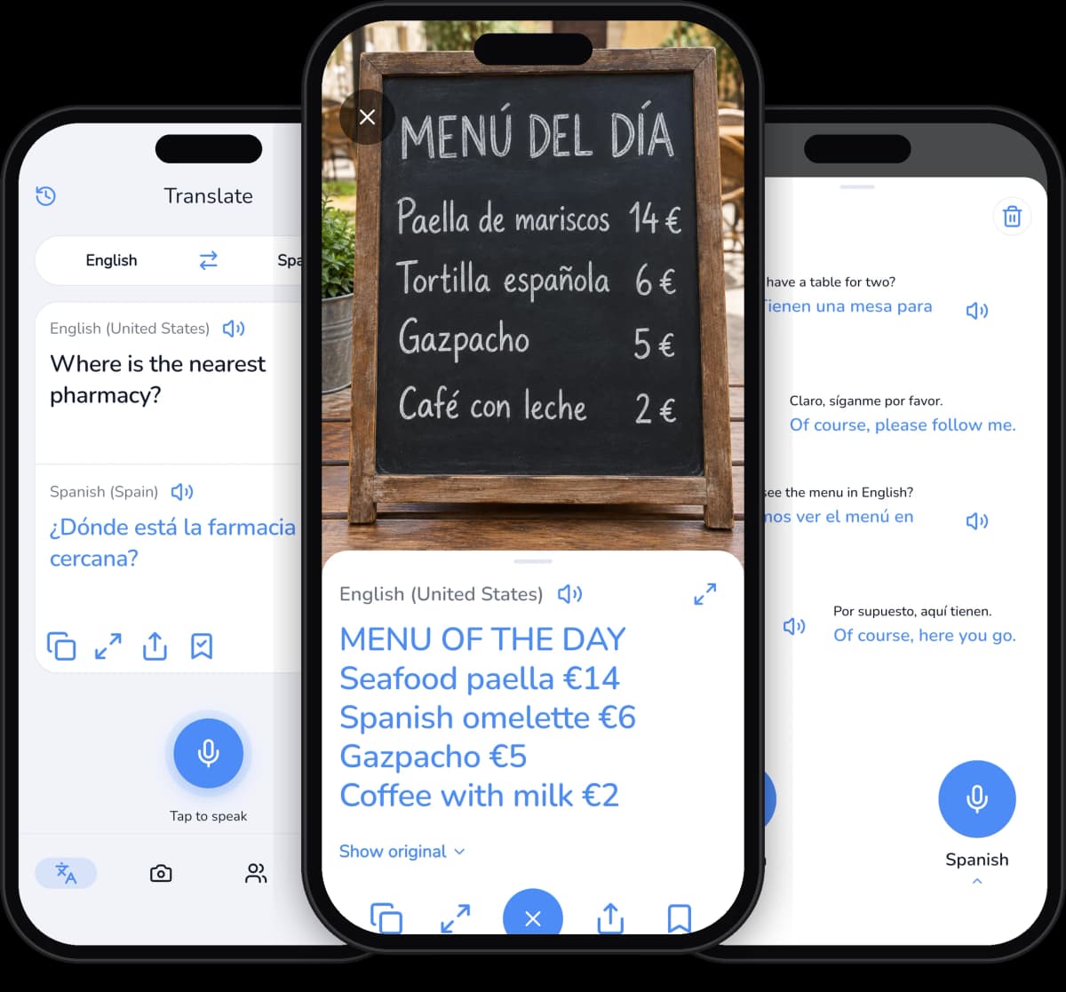 Three iPhones running Dilo: a typed translation, the camera reading a Spanish menu board, and a two-way conversation